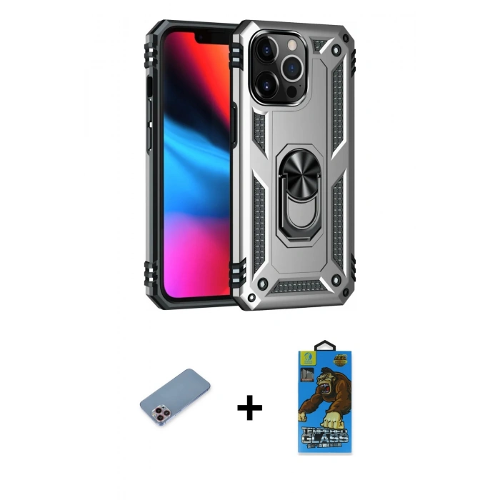MARSİLYAN™- iPhone 13 Pro Max Kılıf Ahenk Klasik Koleksiyonu - Siyah 18D Cam Ekran Koruyucu + Shine Kamera Lens Koruma Cam - PE