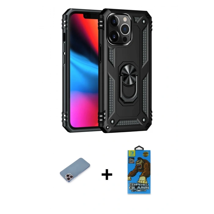 MARSİLYAN™- iPhone 13 Pro Max Kılıf Ahenk Klasik Koleksiyonu - Siyah 18D Cam Ekran Koruyucu + Shine Kamera Lens Koruma Cam - PE