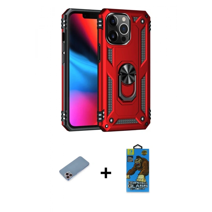 MARSİLYAN™- iPhone 13 Pro Max Kılıf Ahenk Klasik Koleksiyonu - Siyah 18D Cam Ekran Koruyucu + Shine Kamera Lens Koruma Cam - PE
