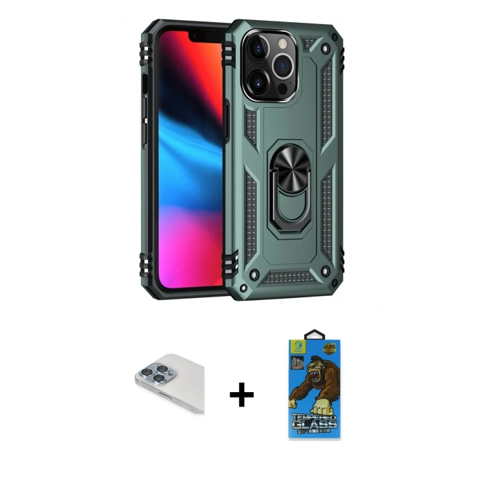 MARSİLYAN™- iPhone 13 Pro Max Kılıf Ahenk Klasik Koleksiyonu - Siyah 18D Cam Ekran Koruyucu + Sierra Blue Pers Alüminyum Kamera Lens