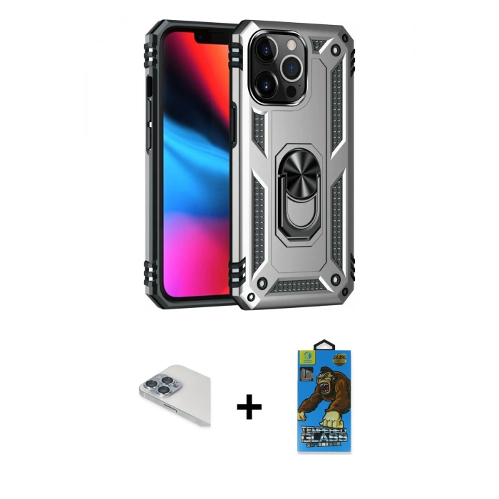MARSİLYAN™- iPhone 13 Pro Max Kılıf Ahenk Klasik Koleksiyonu - Siyah 18D Cam Ekran Koruyucu + Sierra Blue Pers Alüminyum Kamera Lens