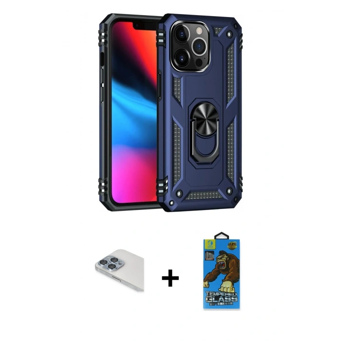 MARSİLYAN™- iPhone 13 Pro Max Kılıf Ahenk Klasik Koleksiyonu - Siyah 18D Cam Ekran Koruyucu + Sierra Blue Pers Alüminyum Kamera Lens