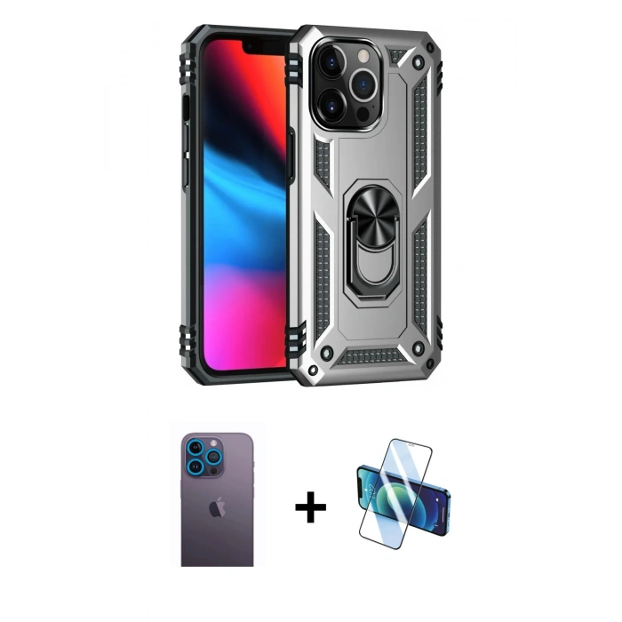 MARSİLYAN™- iPhone 13 Pro Max Kılıf Ahenk Klasik Koleksiyonu - Siyah 3D Antistatik Cam Ekran Koruyucu + Neon Fosforlu Kamera Lens - MI