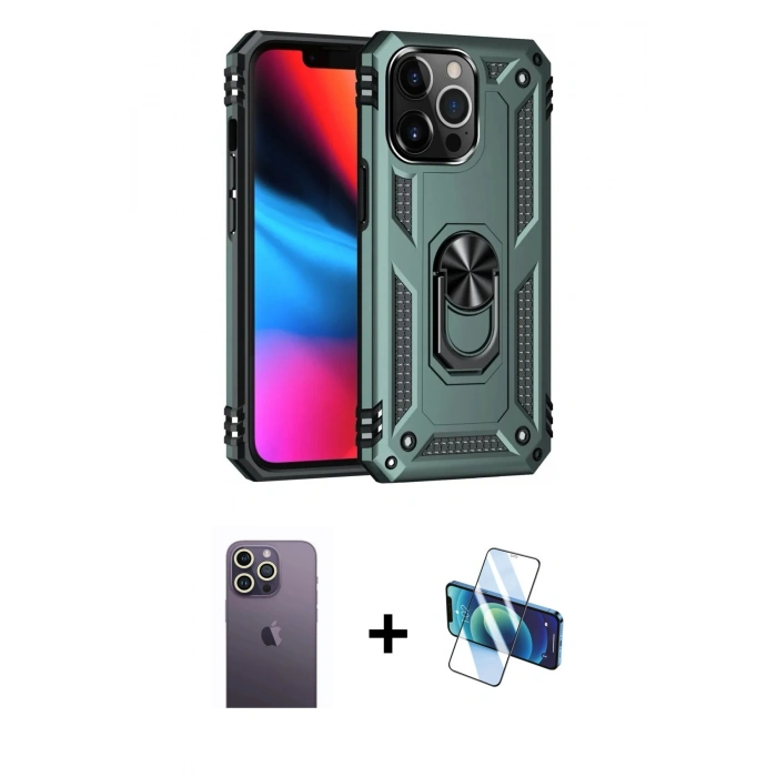 MARSİLYAN™- iPhone 13 Pro Max Kılıf Ahenk Klasik Koleksiyonu - Siyah 3D Antistatik Cam Ekran Koruyucu + Neon Fosforlu Kamera Lens - BZ
