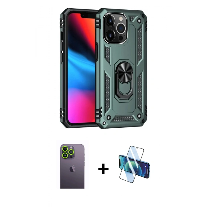 MARSİLYAN™- iPhone 13 Pro Max Kılıf Ahenk Klasik Koleksiyonu - Siyah 3D Antistatik Cam Ekran Koruyucu + Neon Fosforlu Kamera Lens - YL