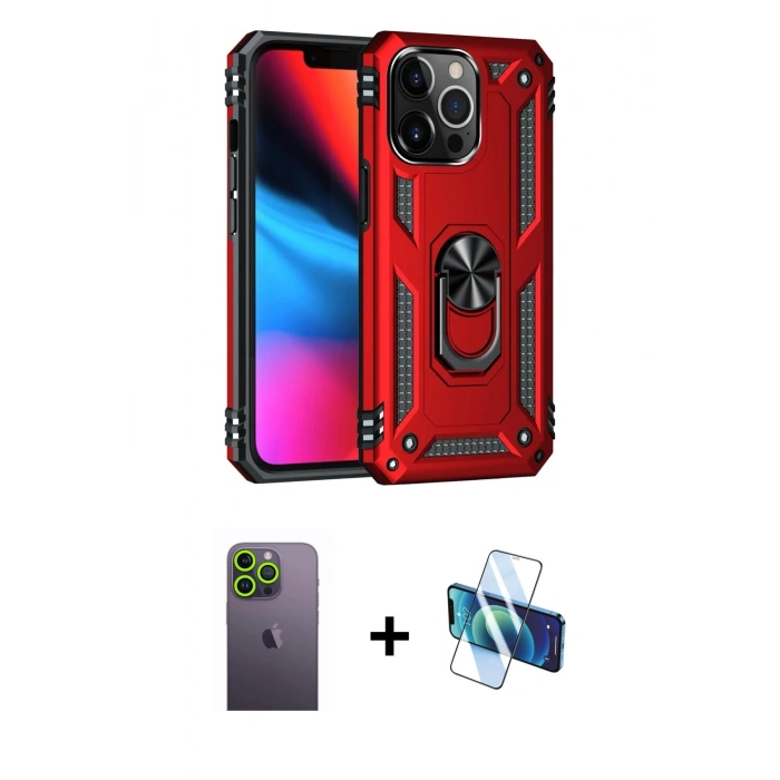 MARSİLYAN™- iPhone 13 Pro Max Kılıf Ahenk Klasik Koleksiyonu - Siyah 3D Antistatik Cam Ekran Koruyucu + Neon Fosforlu Kamera Lens - YL
