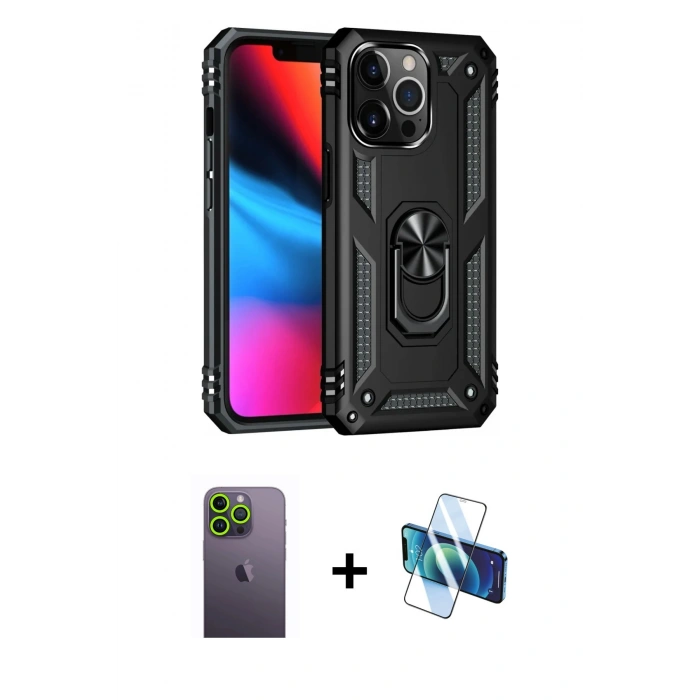 MARSİLYAN™- iPhone 13 Pro Max Kılıf Ahenk Klasik Koleksiyonu - Siyah 3D Antistatik Cam Ekran Koruyucu + Neon Fosforlu Kamera Lens - YL
