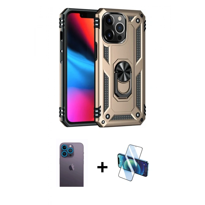 MARSİLYAN™- iPhone 13 Pro Max Kılıf Ahenk Klasik Koleksiyonu - Siyah 3D Antistatik Cam Ekran Koruyucu + Neon Fosforlu Kamera Lens - MI