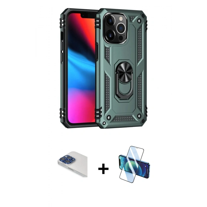 MARSİLYAN™- iPhone 13 Pro Max Kılıf Ahenk Klasik Koleksiyonu - Siyah 3D Antistatik Cam Ekran Koruyucu + Pers Alüminyum Kamera Lens - LT