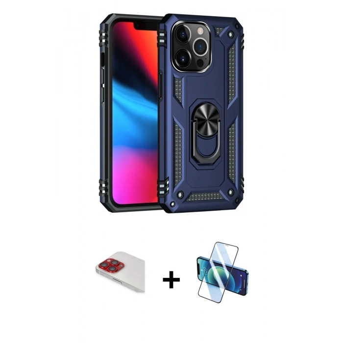MARSİLYAN™- iPhone 13 Pro Max Kılıf Ahenk Klasik Koleksiyonu - Siyah 3D Antistatik Cam Ekran Koruyucu + Pers Alüminyum Kamera Lens - KI