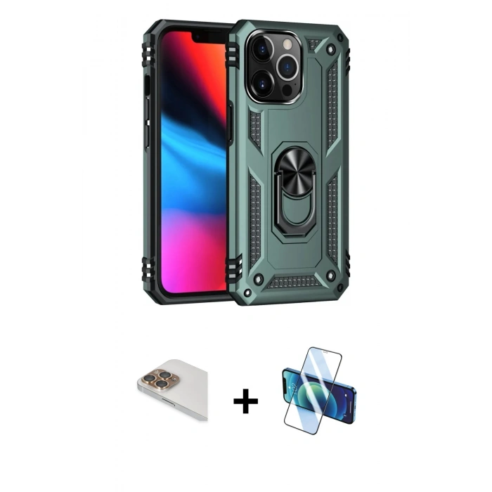 MARSİLYAN™- iPhone 13 Pro Max Kılıf Ahenk Klasik Koleksiyonu - Siyah 3D Antistatik Cam Ekran Koruyucu + Pers Alüminyum Kamera Lens - GD