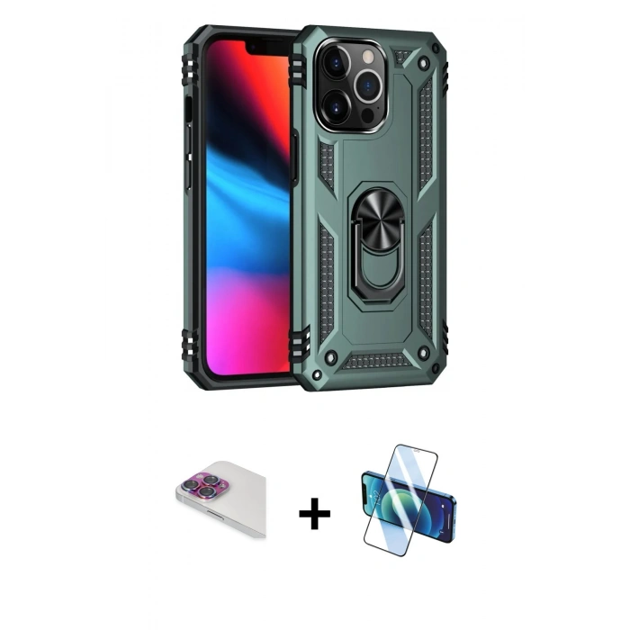 MARSİLYAN™- iPhone 13 Pro Max Kılıf Ahenk Klasik Koleksiyonu - Siyah 3D Antistatik Cam Ekran Koruyucu + Pers Alüminyum Kamera Lens - GI