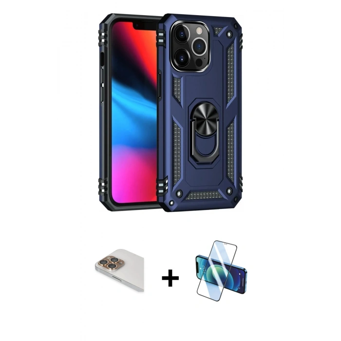 MARSİLYAN™- iPhone 13 Pro Max Kılıf Ahenk Klasik Koleksiyonu - Siyah 3D Antistatik Cam Ekran Koruyucu + Pers Alüminyum Kamera Lens - GD