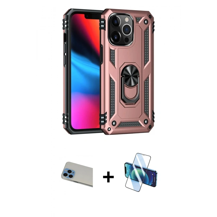 MARSİLYAN™- iPhone 13 Pro Max Kılıf Ahenk Klasik Koleksiyonu - Siyah 3D Antistatik Cam Ekran Koruyucu + Rainbow Kamera Lens Koruma Cam - MI