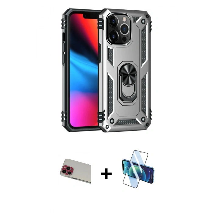 MARSİLYAN™- iPhone 13 Pro Max Kılıf Ahenk Klasik Koleksiyonu - Siyah 3D Antistatik Cam Ekran Koruyucu + Rainbow Kamera Lens Koruma Cam - KI