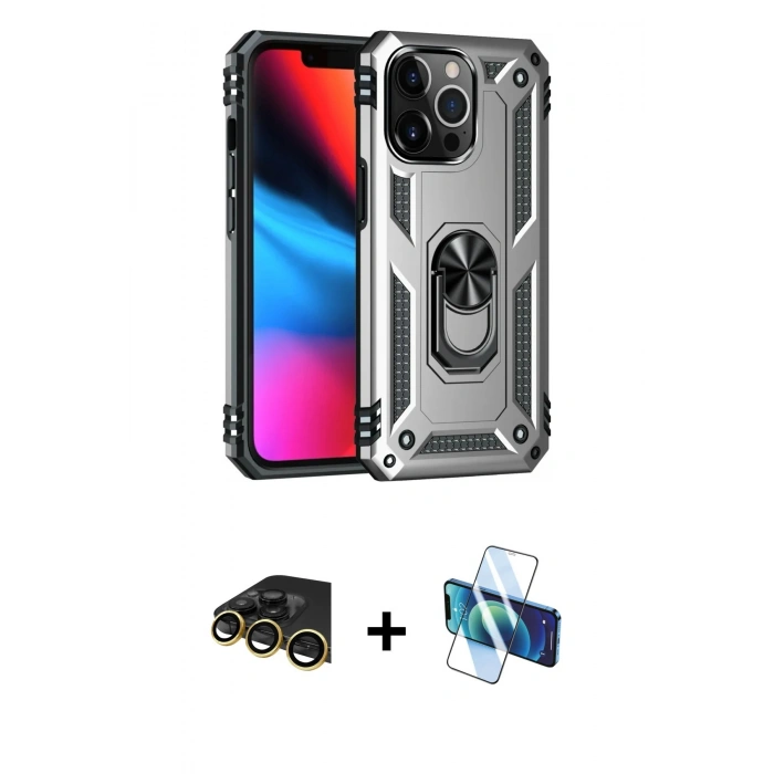 MARSİLYAN™- iPhone 13 Pro Max Kılıf Ahenk Klasik Koleksiyonu - Siyah 3D Antistatik Cam Ekran Koruyucu + Raze Metal Kamera Lens - GD