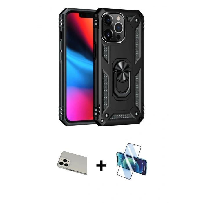 MARSİLYAN™- iPhone 13 Pro Max Kılıf Ahenk Klasik Koleksiyonu - Siyah 3D Antistatik Cam Ekran Koruyucu + Rainbow Kamera Lens Koruma Cam - BZ