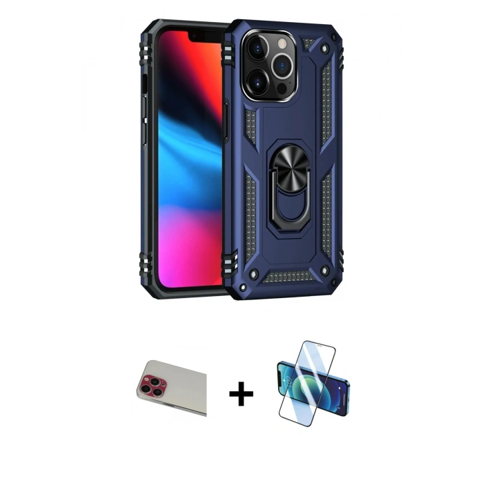 MARSİLYAN™- iPhone 13 Pro Max Kılıf Ahenk Klasik Koleksiyonu - Siyah 3D Antistatik Cam Ekran Koruyucu + Rainbow Kamera Lens Koruma Cam - KI