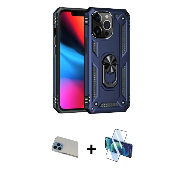 MARSİLYAN™- iPhone 13 Pro Max Kılıf Ahenk Klasik Koleksiyonu - Siyah 3D Antistatik Cam Ekran Koruyucu + Rainbow Kamera Lens Koruma Cam - MI