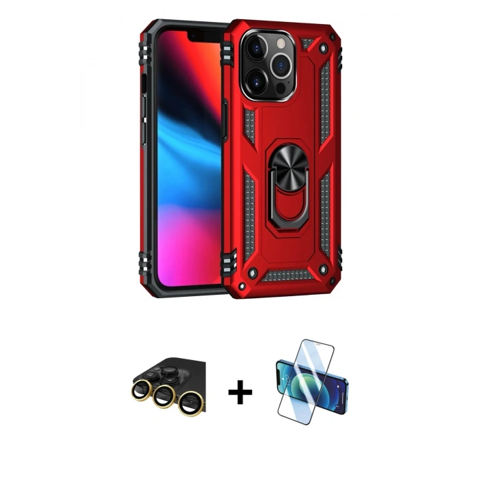 MARSİLYAN™- iPhone 13 Pro Max Kılıf Ahenk Klasik Koleksiyonu - Siyah 3D Antistatik Cam Ekran Koruyucu + Raze Metal Kamera Lens - GD