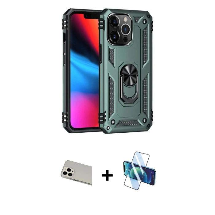 MARSİLYAN™- iPhone 13 Pro Max Kılıf Ahenk Klasik Koleksiyonu - Siyah 3D Antistatik Cam Ekran Koruyucu + Rainbow Kamera Lens Koruma Cam - BZ