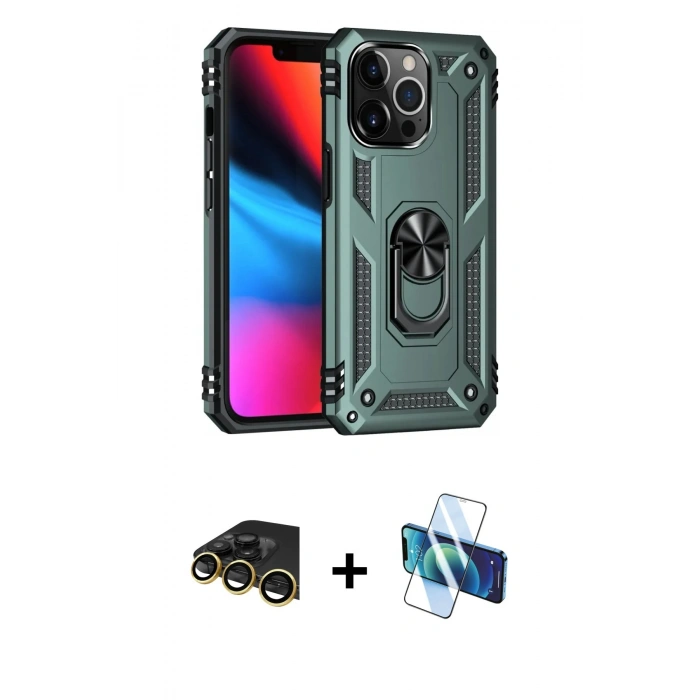 MARSİLYAN™- iPhone 13 Pro Max Kılıf Ahenk Klasik Koleksiyonu - Siyah 3D Antistatik Cam Ekran Koruyucu + Raze Metal Kamera Lens - GD