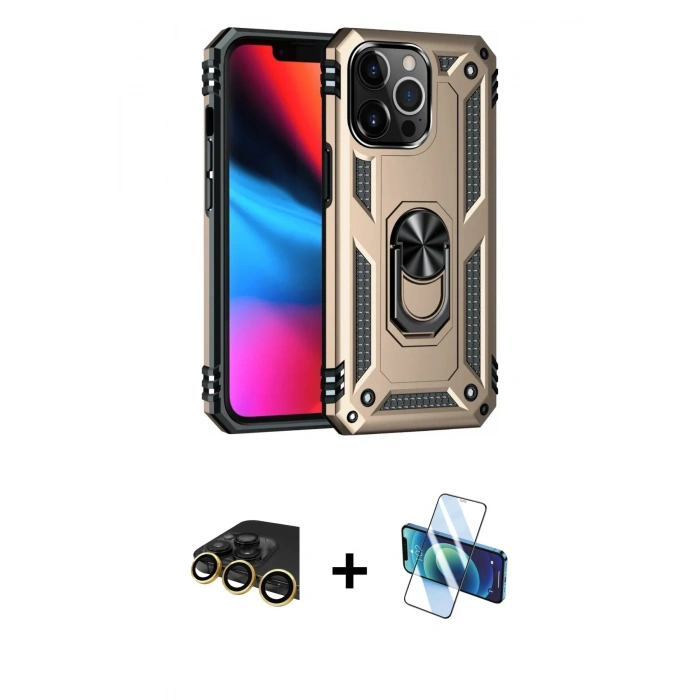 MARSİLYAN™- iPhone 13 Pro Max Kılıf Ahenk Klasik Koleksiyonu - Siyah 3D Antistatik Cam Ekran Koruyucu + Raze Metal Kamera Lens - GD