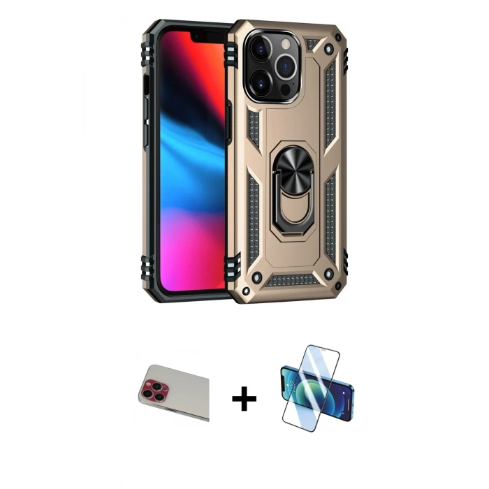 MARSİLYAN™- iPhone 13 Pro Max Kılıf Ahenk Klasik Koleksiyonu - Siyah 3D Antistatik Cam Ekran Koruyucu + Rainbow Kamera Lens Koruma Cam - KI