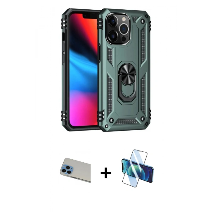 MARSİLYAN™- iPhone 13 Pro Max Kılıf Ahenk Klasik Koleksiyonu - Siyah 3D Antistatik Cam Ekran Koruyucu + Rainbow Kamera Lens Koruma Cam - MI