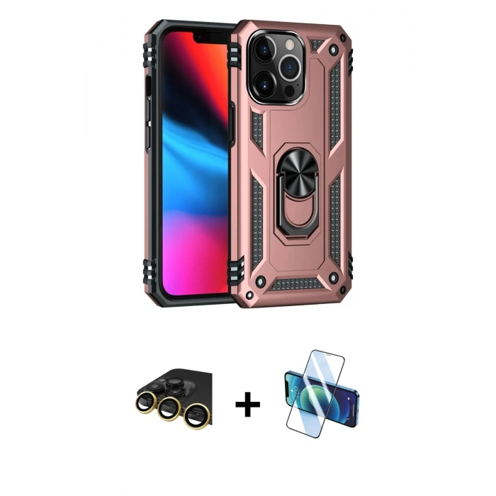 MARSİLYAN™- iPhone 13 Pro Max Kılıf Ahenk Klasik Koleksiyonu - Siyah 3D Antistatik Cam Ekran Koruyucu + Raze Metal Kamera Lens - GD