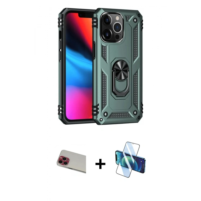 MARSİLYAN™- iPhone 13 Pro Max Kılıf Ahenk Klasik Koleksiyonu - Siyah 3D Antistatik Cam Ekran Koruyucu + Rainbow Kamera Lens Koruma Cam - KI