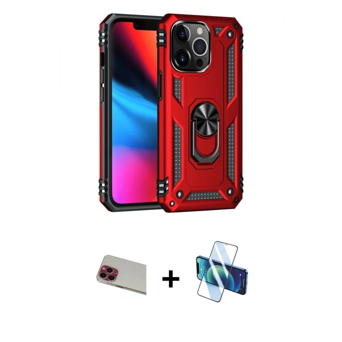MARSİLYAN™- iPhone 13 Pro Max Kılıf Ahenk Klasik Koleksiyonu - Siyah 3D Antistatik Cam Ekran Koruyucu + Rainbow Kamera Lens Koruma Cam - KI