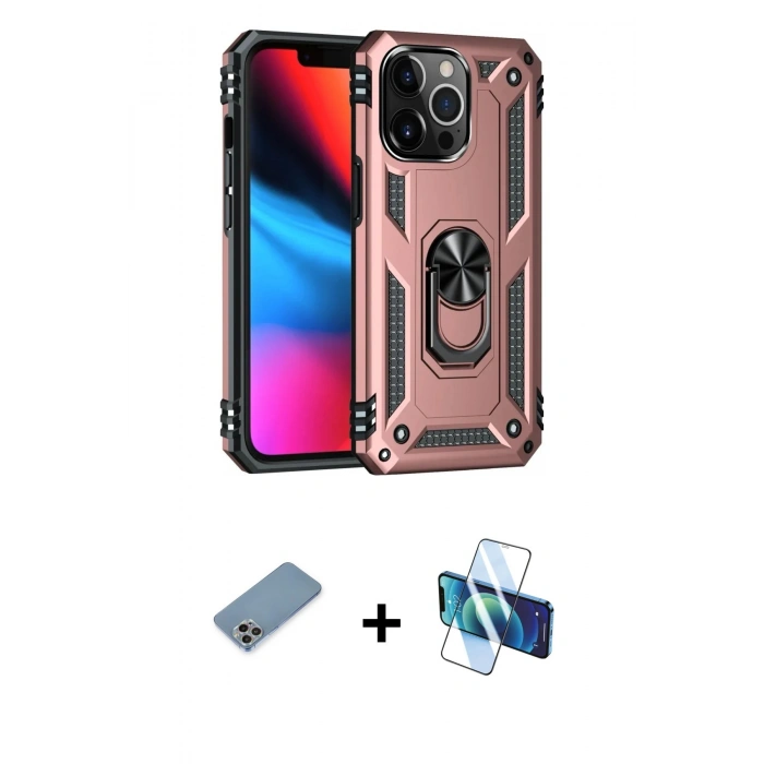 MARSİLYAN™- iPhone 13 Pro Max Kılıf Ahenk Klasik Koleksiyonu - Siyah 3D Antistatik Cam Ekran Koruyucu + Shine Kamera Lens Koruma Cam - GI