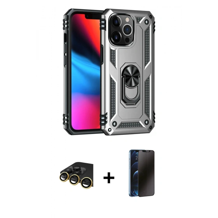 MARSİLYAN™- iPhone 13 Pro Max Kılıf Ahenk Klasik Koleksiyonu - Siyah 3D Antistatik Hayalet Cam Ekran Koruyucu + Raze Metal Kamera Lens - GD