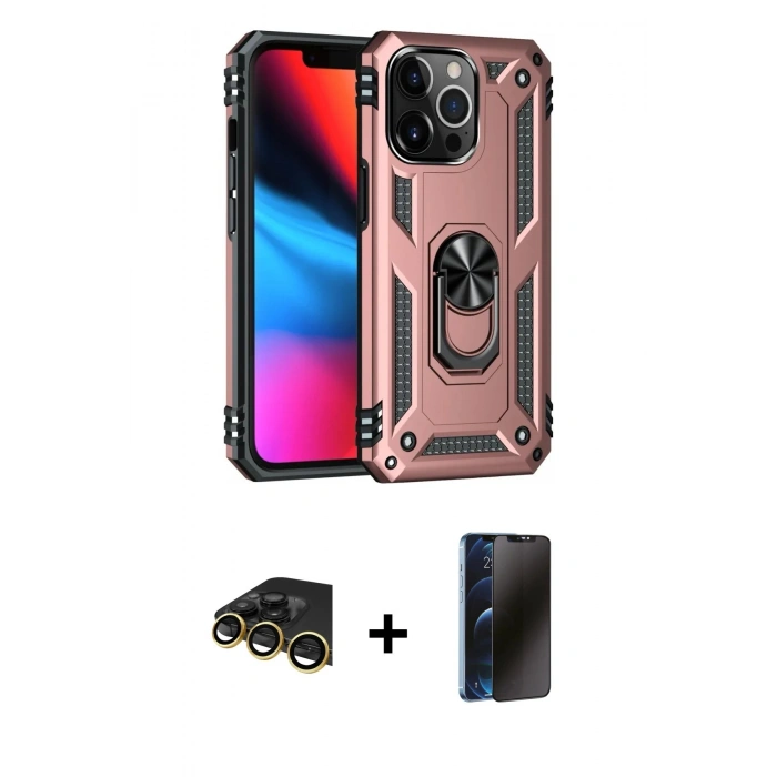 MARSİLYAN™- iPhone 13 Pro Max Kılıf Ahenk Klasik Koleksiyonu - Siyah 3D Antistatik Hayalet Cam Ekran Koruyucu + Raze Metal Kamera Lens - GD
