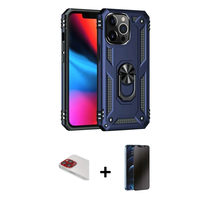 MARSİLYAN™- iPhone 13 Pro Max Kılıf Ahenk Klasik Koleksiyonu - Siyah 3D Antistatik Hayalet Cam Ekran Koruyucu + Kırmızı Pers Alüminyum Kamera Lens