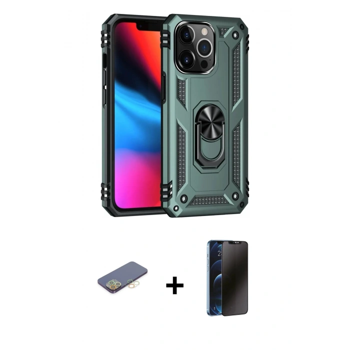 MARSİLYAN™- iPhone 13 Pro Max Kılıf Ahenk Klasik Koleksiyonu - Siyah 3D Antistatik Hayalet Cam Ekran Koruyucu + Renkli Kamera Lens Koruma Cam - SI