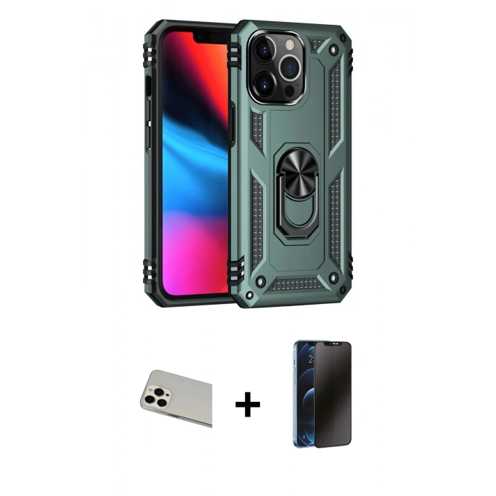 MARSİLYAN™- iPhone 13 Pro Max Kılıf Ahenk Klasik Koleksiyonu - Siyah 3D Antistatik Hayalet Cam Ekran Koruyucu + Rainbow Kamera Lens Koruma Cam - BZ