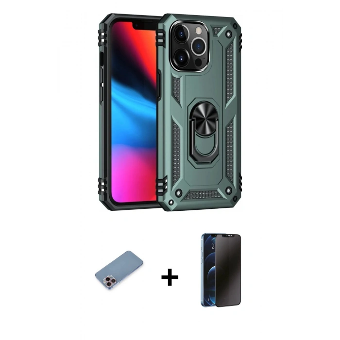 MARSİLYAN™- iPhone 13 Pro Max Kılıf Ahenk Klasik Koleksiyonu - Siyah 3D Antistatik Hayalet Cam Ekran Koruyucu + Shine Kamera Lens Koruma Cam - PE