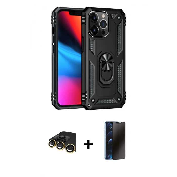 MARSİLYAN™- iPhone 13 Pro Max Kılıf Ahenk Klasik Koleksiyonu - Siyah 3D Antistatik Hayalet Cam Ekran Koruyucu + Raze Metal Kamera Lens - GD