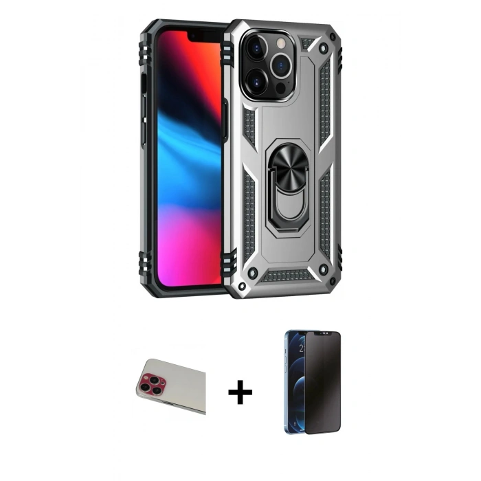 MARSİLYAN™- iPhone 13 Pro Max Kılıf Ahenk Klasik Koleksiyonu - Siyah 3D Antistatik Hayalet Cam Ekran Koruyucu + Rainbow Kamera Lens Koruma Cam - KI
