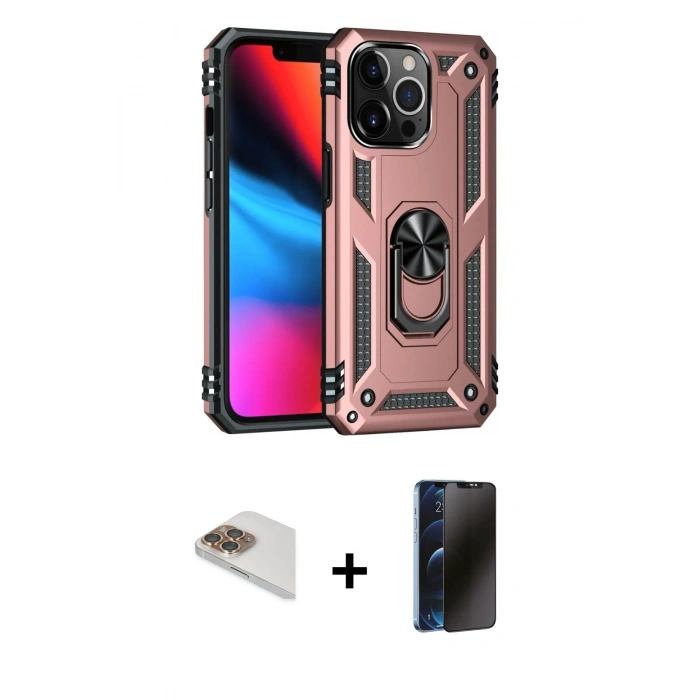 MARSİLYAN™- iPhone 13 Pro Max Kılıf Ahenk Klasik Koleksiyonu - Siyah 3D Antistatik Hayalet Cam Ekran Koruyucu + Pers Alüminyum Kamera Lens - GD