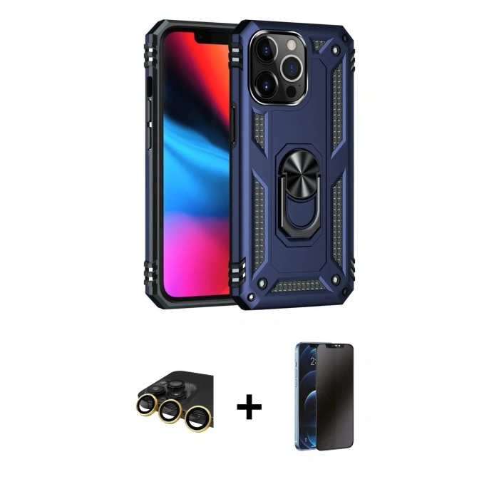 MARSİLYAN™- iPhone 13 Pro Max Kılıf Ahenk Klasik Koleksiyonu - Siyah 3D Antistatik Hayalet Cam Ekran Koruyucu + Raze Metal Kamera Lens - GD