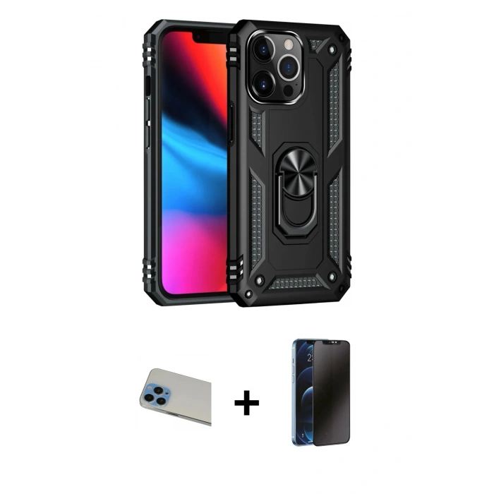 MARSİLYAN™- iPhone 13 Pro Max Kılıf Ahenk Klasik Koleksiyonu - Siyah 3D Antistatik Hayalet Cam Ekran Koruyucu + Rainbow Kamera Lens Koruma Cam - MI