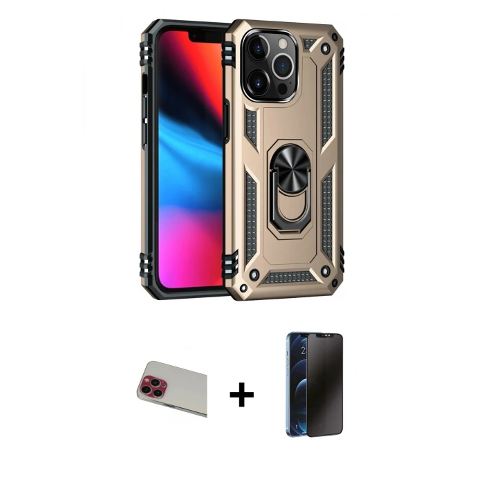 MARSİLYAN™- iPhone 13 Pro Max Kılıf Ahenk Klasik Koleksiyonu - Siyah 3D Antistatik Hayalet Cam Ekran Koruyucu + Rainbow Kamera Lens Koruma Cam - KI