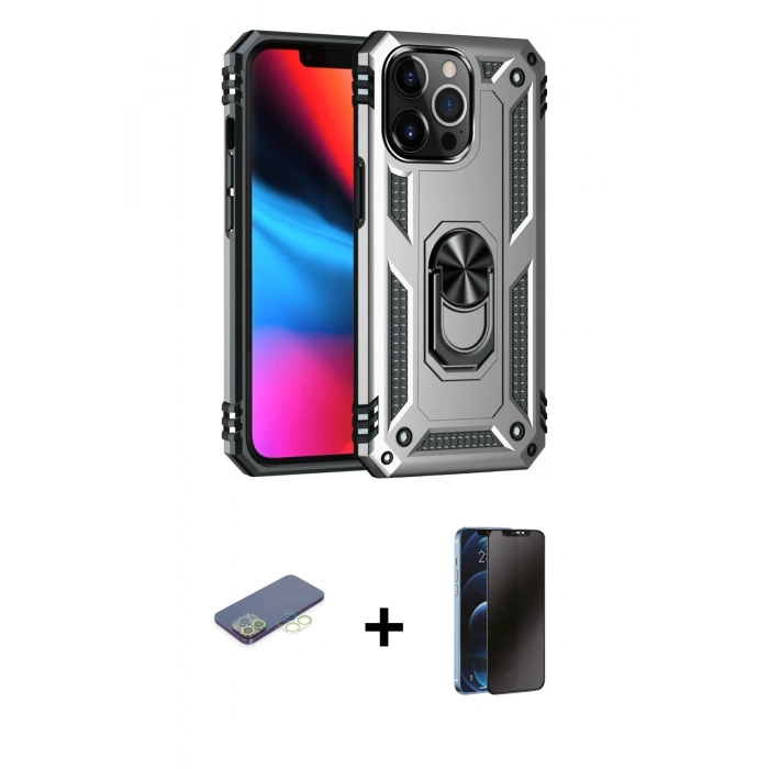 MARSİLYAN™- iPhone 13 Pro Max Kılıf Ahenk Klasik Koleksiyonu - Siyah 3D Antistatik Hayalet Cam Ekran Koruyucu + Renkli Kamera Lens Koruma Cam - YL