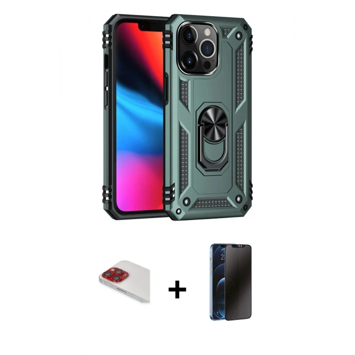 MARSİLYAN™- iPhone 13 Pro Max Kılıf Ahenk Klasik Koleksiyonu - Siyah 3D Antistatik Hayalet Cam Ekran Koruyucu + Kırmızı Pers Alüminyum Kamera Lens