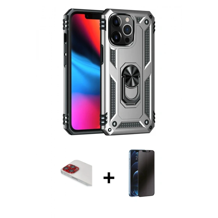 MARSİLYAN™- iPhone 13 Pro Max Kılıf Ahenk Klasik Koleksiyonu - Siyah 3D Antistatik Hayalet Cam Ekran Koruyucu + Kırmızı Pers Alüminyum Kamera Lens