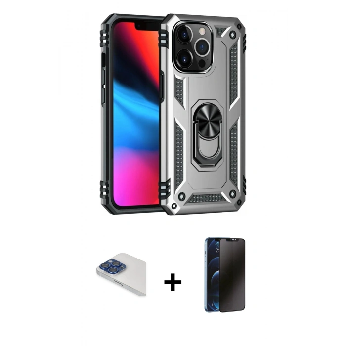 MARSİLYAN™- iPhone 13 Pro Max Kılıf Ahenk Klasik Koleksiyonu - Siyah 3D Antistatik Hayalet Cam Ekran Koruyucu + Pers Alüminyum Kamera Lens - LT