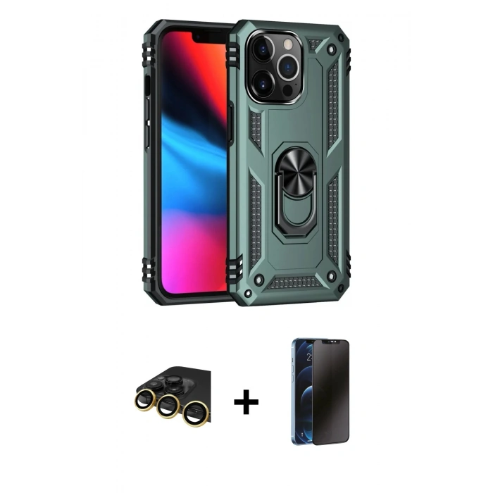 MARSİLYAN™- iPhone 13 Pro Max Kılıf Ahenk Klasik Koleksiyonu - Siyah 3D Antistatik Hayalet Cam Ekran Koruyucu + Raze Metal Kamera Lens - GD